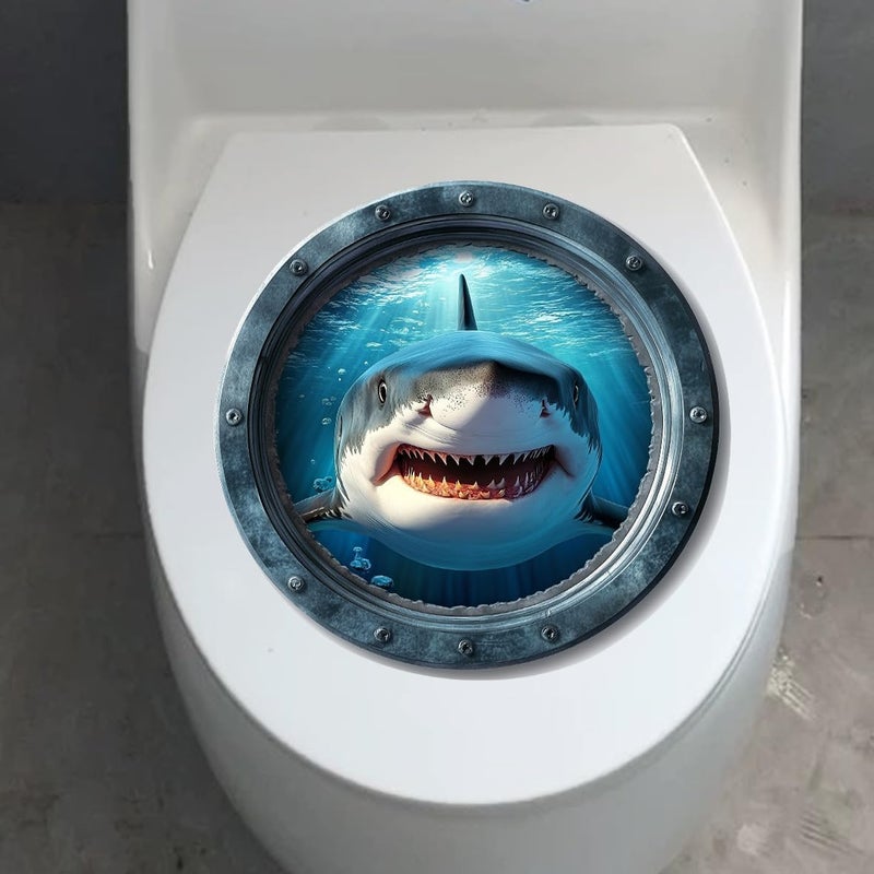 Iprokiu Funny Animal Toilet Seat Cover Sticker Waterproof Shark Dolphin Toilet Seat Lid Decal 3D Bathroom Decoration Turtle Dinosaur Wall Sticker (Shark) - Image 5